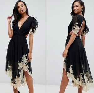 ASOS Design sheer open back side cut out midi dress with lace trim NWT 6